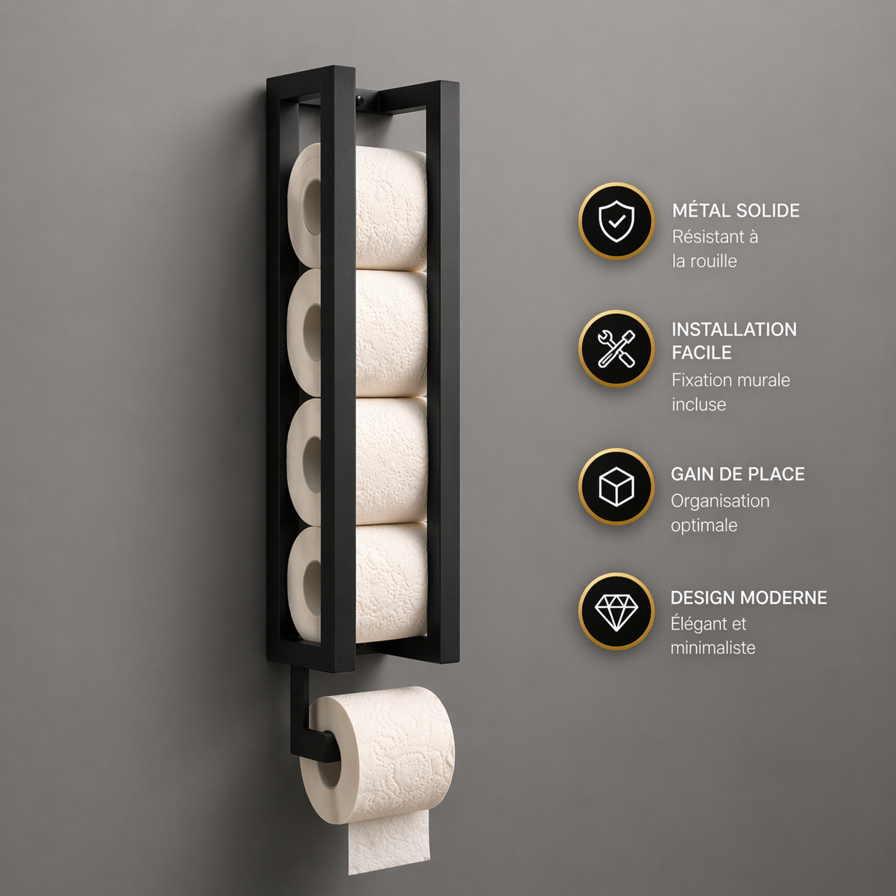 Dérouleur Papier Toilette avec Étagère | Acier Noir & Or | Design Luxe
